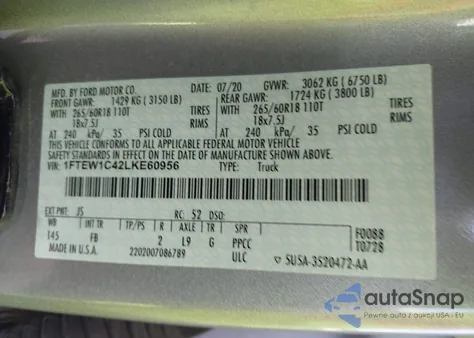 2020 Ford F-150 Xlt z USA, uszkodzony, nr VIN 1FTEW1C42LKE60956